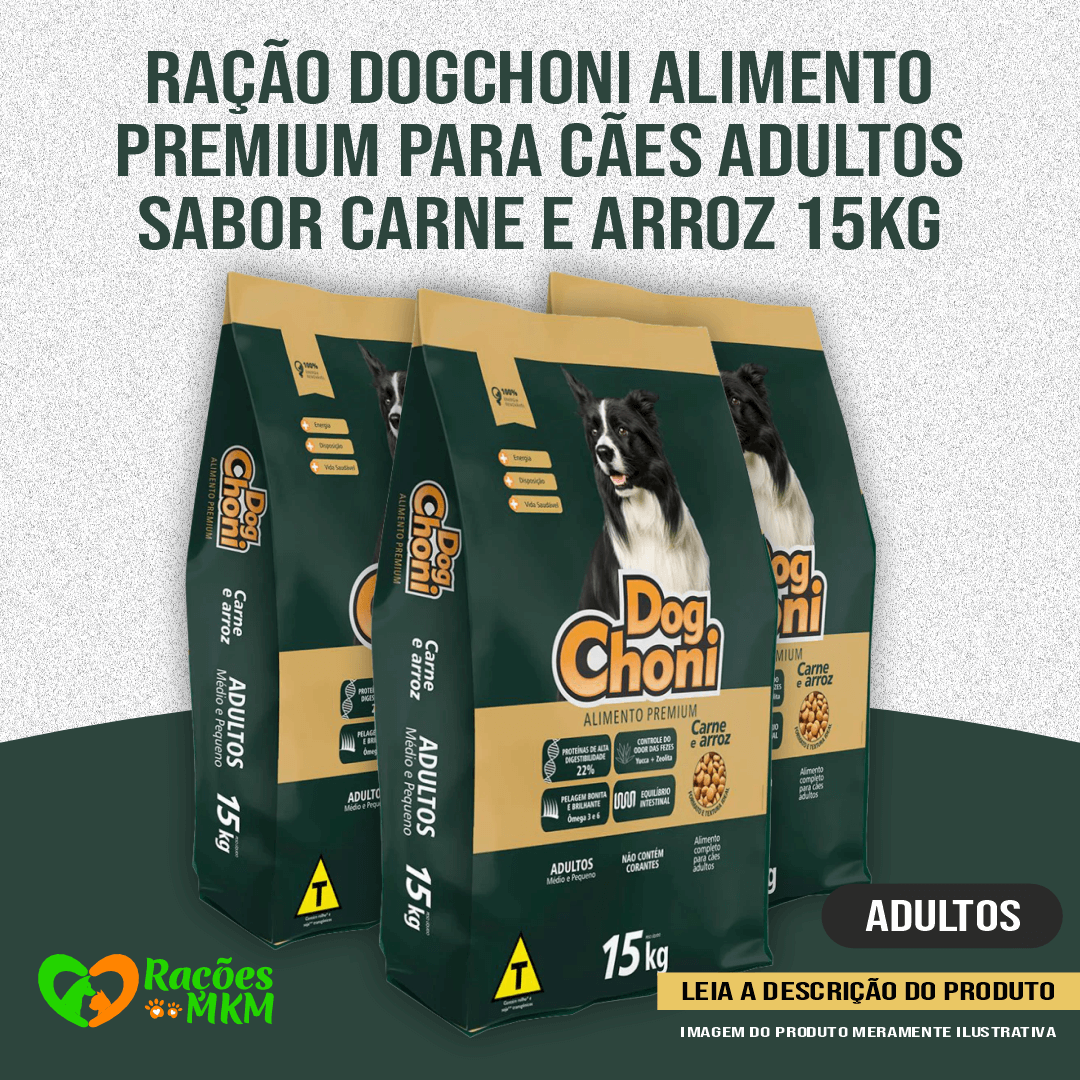Ração DogChoni Alimento Premium para Cães Adultos sabor Carne e Arroz 15Kg