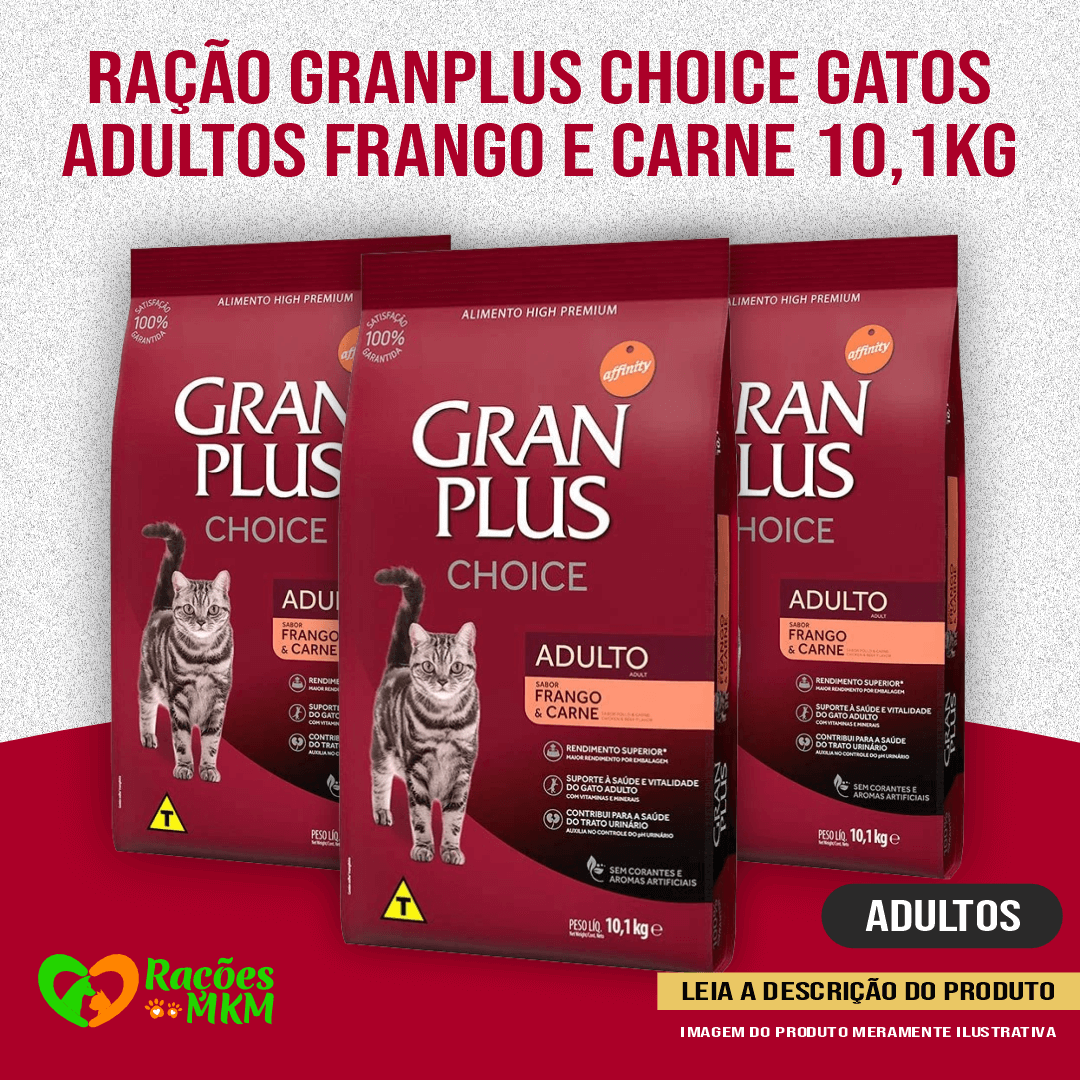 Ração GranPlus Choice Gatos Adultos Frango e Carne 10,1kg+
