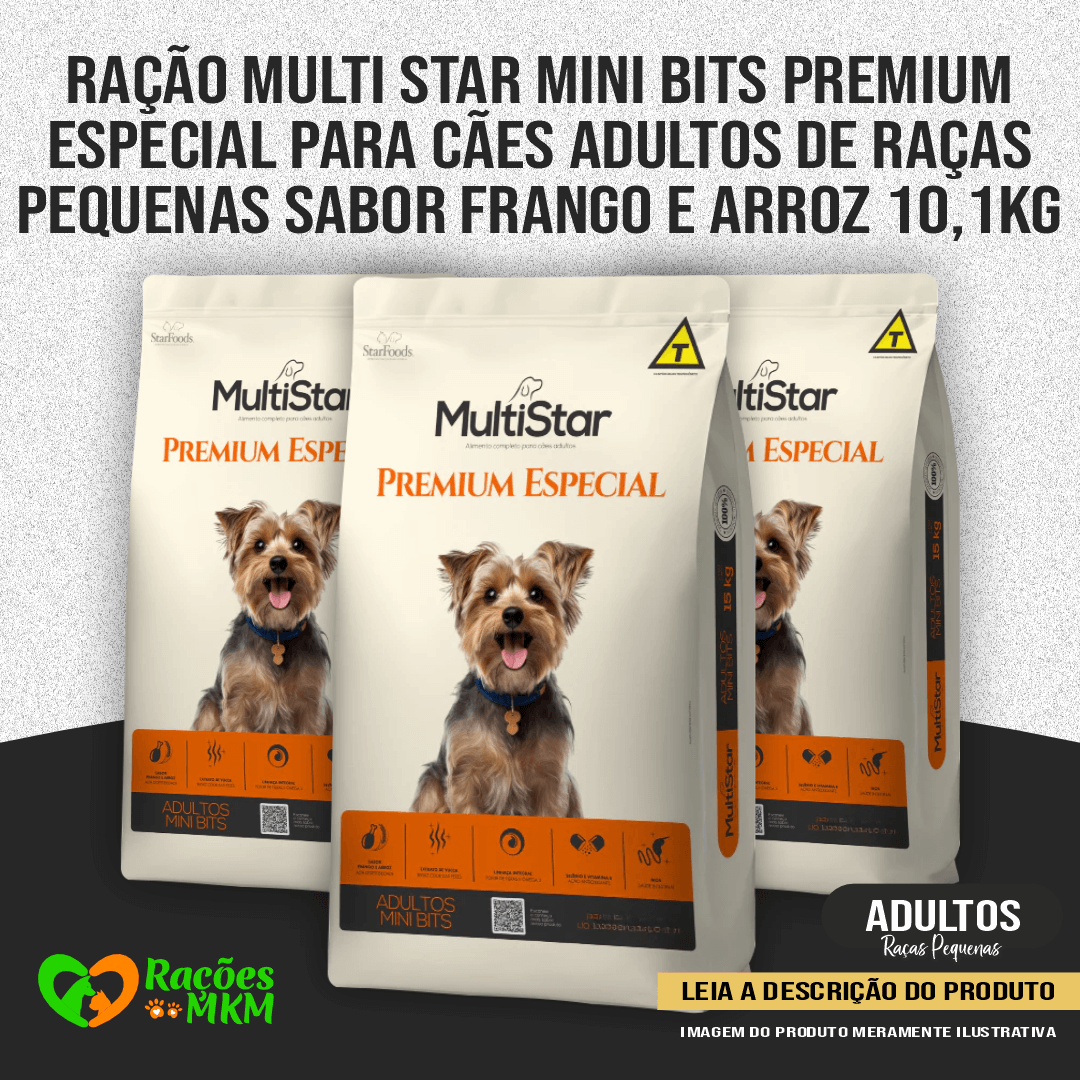 Ração Multi Star Mini Bits Premium Especial para Cães Adultos de Raças Pequenas sabor Frango e Arroz 10,1Kg+