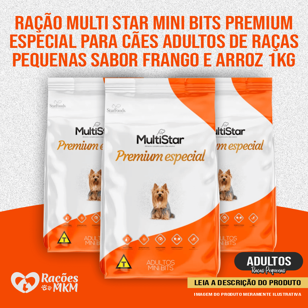 Ração Multi Star Mini Bits Premium Especial para Cães Adultos de Raças Pequenas sabor Frango e Arroz 1Kg+