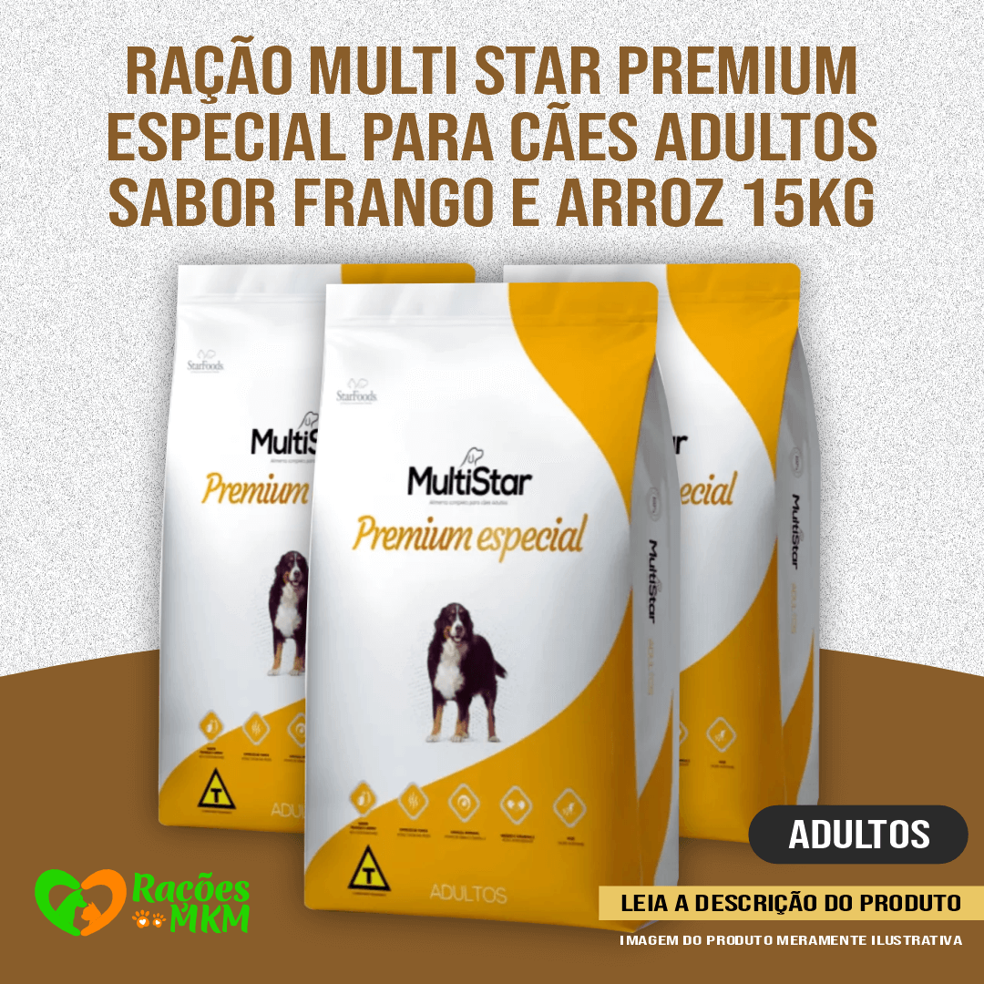 Ração Multi Star Premium Especial para Cães Adultos sabor Frango e Arroz 15kg+